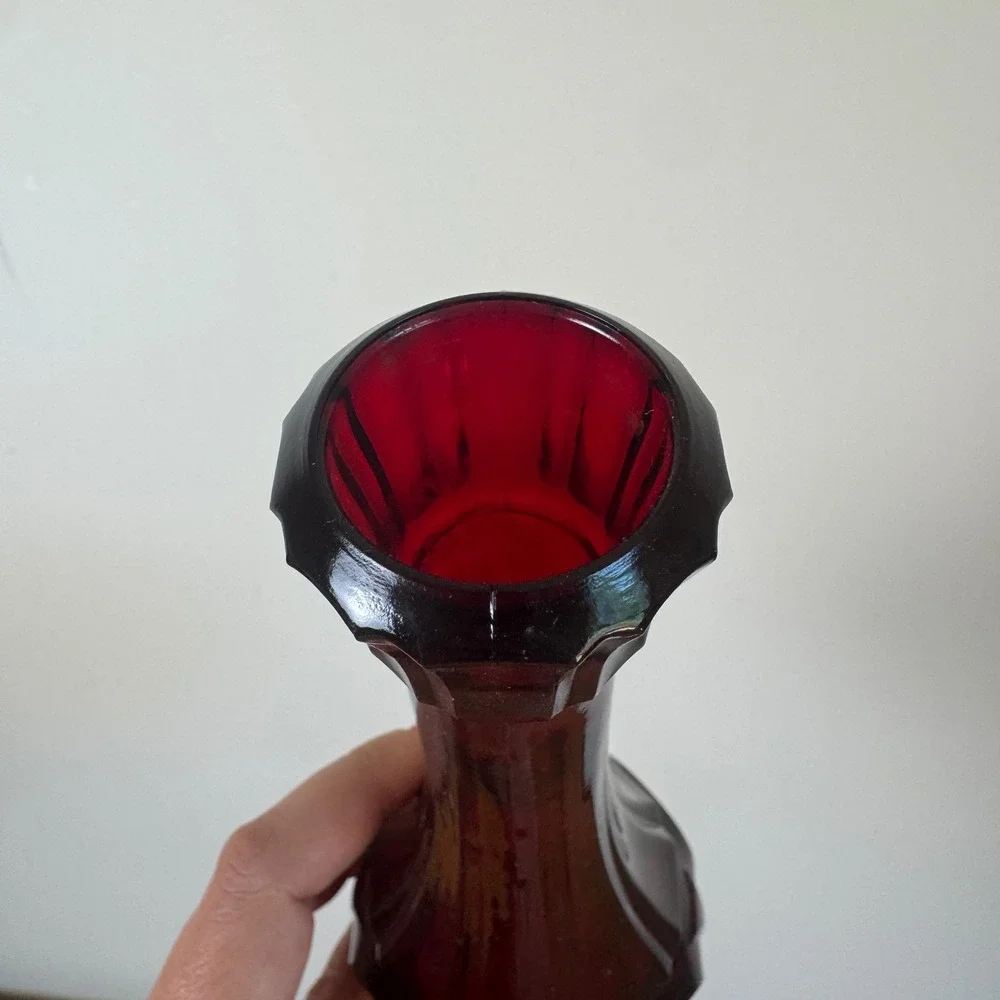 Vintage‎ Ruby Red Glass Bud Vase Mid Century Modern Thumbprint